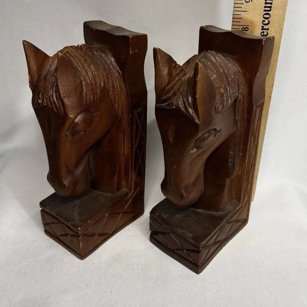 Vintage 1970 Made in Philipines  Wood Brown Carved Horse Head Bookends Book Ends